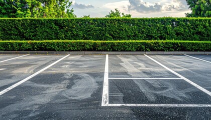 Empty asphalt parking lot with freshly painted white lines and a dense green hedge under a bright, slightly cloudy sky