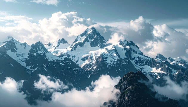 Majestic, snow-capped mountains pierce through a sea of fluffy clouds under a bright, sunny sky. A serene and breathtaking view