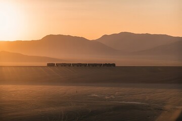 train passing desert landscape at sunset