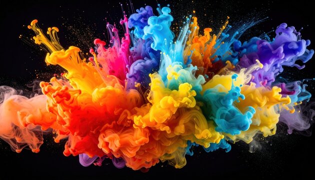 Vivid bursts of colorful pigment explode against a dark backdrop, creating an abstract artwork reminiscent of smoke and vibrant energy