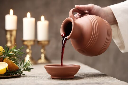 hand pour wine on altar. Liquor libation offering