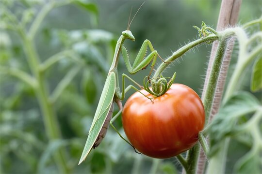 grasshoper on ripe tomato vine. Locust pest harm