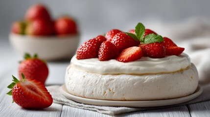 A Pavlova dessert with fresh strawberries, cream and mint leaves on a light background