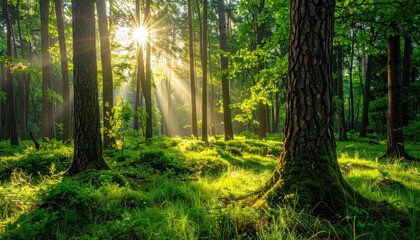 Obraz premium Sunlight filters through tall trees in a lush forest. Green moss blankets the forest floor, creating an idyllic and peaceful scene