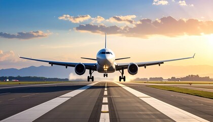 Fototapeta premium Airplane taking off from an airport runway with a bright sky and soft clouds in the background on a sunny day