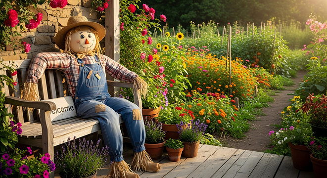 A scarecrow sitting on a bench in a garden full of flowers and plants on a sunny day in the countryside ai generated
