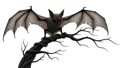 A menacing creepy bat with glowing red eyes and tattered wide wings perched on a twisted tree branch, isolated on a white background