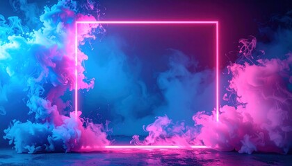 A vibrant pink neon square frames blue & pink swirling smoke clouds against a dark background, creating an ethereal, abstract display