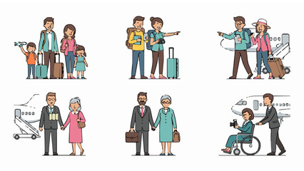 Diverse Travel Journeys Family, Couples, and Individuals Embarking on Adventures with Luggage and Aircrafts