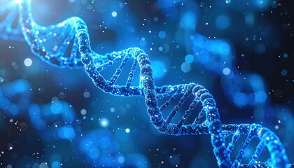 Intricate, spiraling helix of blue-glowing molecules against a bokeh-filled, blurry blue background resembling biological science concepts