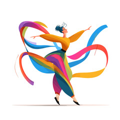 Elegant dancer gracefully moves, vibrant ribbons flowing, dynamic pose, colorful attire.