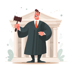 Smiling judge in robe holds gavel before courthouse.