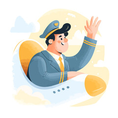 Happy pilot waving from cockpit, airplane in flight, clouds, sunny sky.