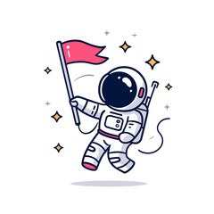 A cheerful astronaut joyfully floats in space, holding a red flag high.