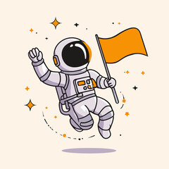 Triumphant astronaut floats in space, holding an orange flag, celebrating a cosmic victory.