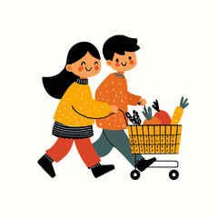 Happy children joyfully pushing a shopping cart full of fresh vegetables.
