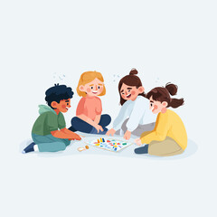 Happy children playing a board game together on the floor.