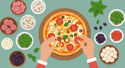 This vibrant flat design illustration showcases hands carefully placing a variety of fresh ingredients onto a pizza base, emphasizing customization and healthy choices. 