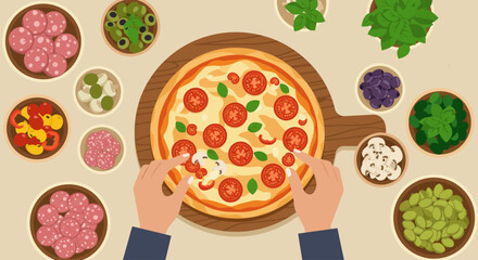 This vibrant flat design illustration showcases hands carefully placing a variety of fresh ingredients onto a pizza base, emphasizing customization and healthy choices. 