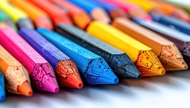 Vivid close-up showcases a colorful array of hexagonal, crayon-like pencils arranged diagonally on a clean, white surface, creating a gradient effect - Powered by Adobe
