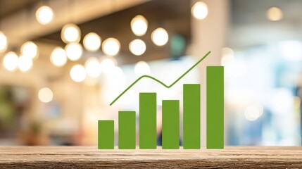 A bar chart with five green bars increasing progressively in height, overlaid by an upward trending line graph,