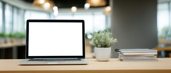The modern laptop placed on a stylish wooden desk next to a potted plant.