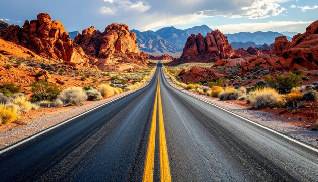 A straight, asphalt road leads through a desert landscape toward distant mountains under a blue, cloudy sky