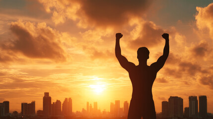 Silhouette man city sunrise victory strength motivation mental toughness sky building emotional