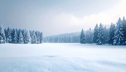 Snowy landscape with evergreen trees, blanketed in fresh white snow, under a soft, overcast sky. Quiet serene winter vista