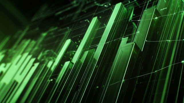 Abstract green chart data visualization with varying height bars and connecting lines, depicting growth, network,