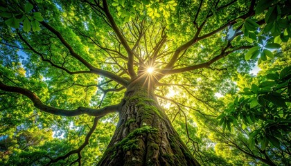 Obraz premium Sunlight bursts through lush green canopy of a towering tree, viewed from below with a textured trunk and vibrant foliage against a blue sky
