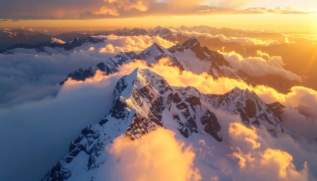 Aerial mountain view at sunset with snow-covered peaks emerging through low clouds bathed in the golden light of the setting sun