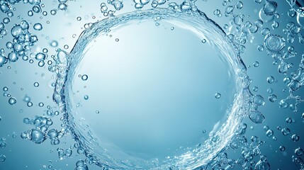 Dynamic Water Circle with Transparent Bubbles: Blue Tech-inspired Background for Advertising Design and Web Decoration, Presenting Fresh and Pure Visual Effects