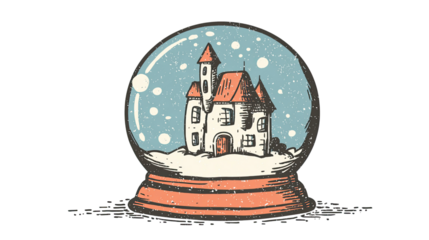 Whimsical Retro Vintage Snow Globe Sticker Illustration with a Cozy House