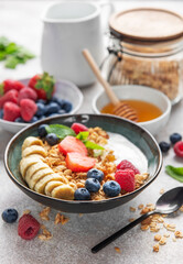 Delicious granola with yogurt, banana, and berries creating a nutritious breakfast