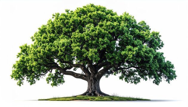 A stately tree with full green leaves stands proud against a stark white backdrop, showing intricate branch patterns and lush foliage