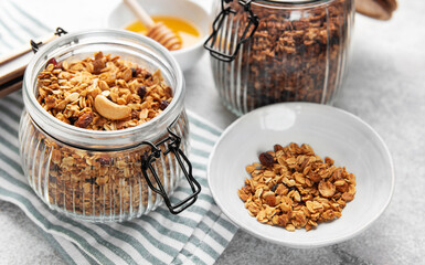 Homemade granola cereal with nuts fruits and honey