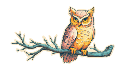Vibrant retro illustration of an alert owl perched on a rustic tree branch.
