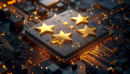 A central processing unit is adorned with five golden stars, illuminating its intricate circuitry with glowing light
