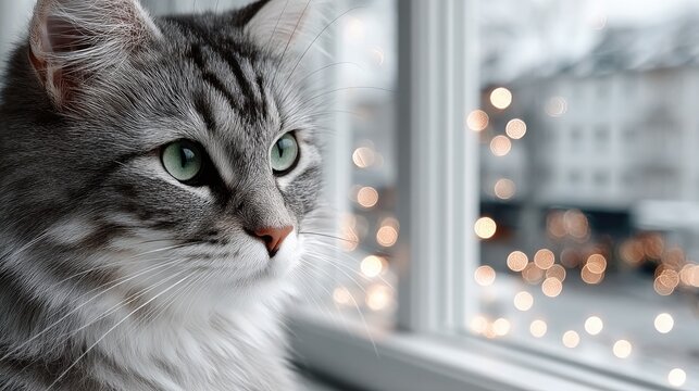 Close Up of Tabby Cat Portrait Near Window with Bokeh Lights Indoors Gray and White Fur Green Eyes Cute Pet Home Interior