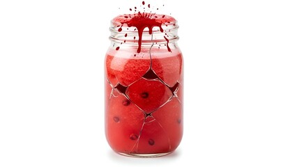 Dynamic red watermelon slush violently bursts from a shattered glass jar, splashing against a white background, representing explosive taste and refreshing power