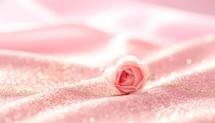A soft pink rose rests gently on a shimmering, textured pink fabric, creating a romantic and dreamy aesthetic