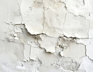 Fototapeta premium A weathered, light gray plaster wall displays intricate cracking and flaking patterns.