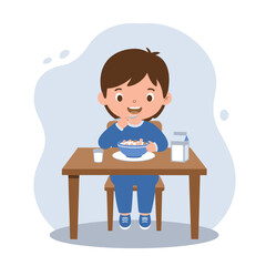 Happy Child Eating Cereal Breakfast