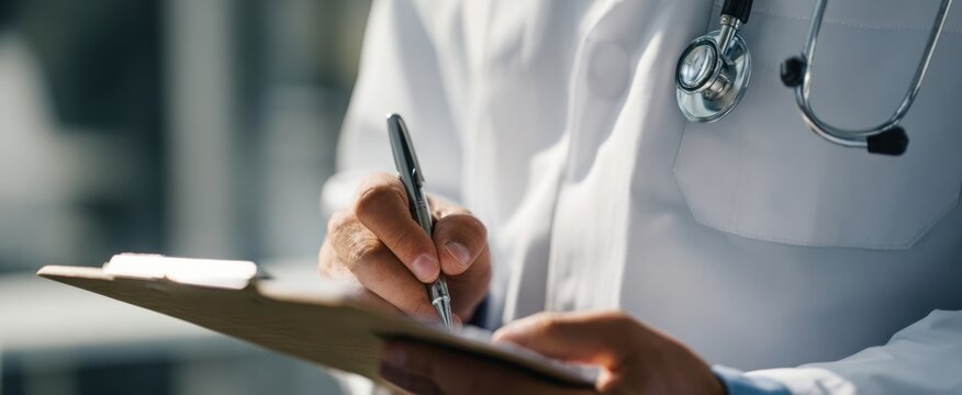 The doctor writing notes on a clipboard during a patient consultation session.