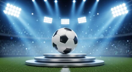 Soccer ball on pedestal under stadium lights