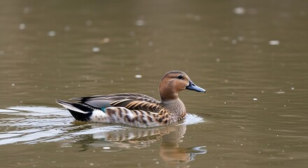 Obraz premium A lone duck swims gracefully through calm water leaving a wake behind it.