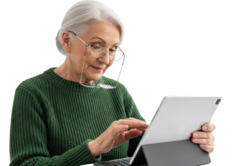 Elderly caucasian woman with silver hair, glasses, green sweater, using a silver tablet on a bright white studio background. Concept of serene digital creativity