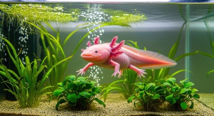 Axolotl swimming in an aquarium with green plants and air bubbles around