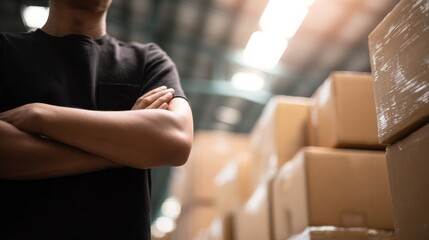 A confident person in black stands in a busy warehouse with arms crossed, surrounded by neatly sealed cardboard boxes,
